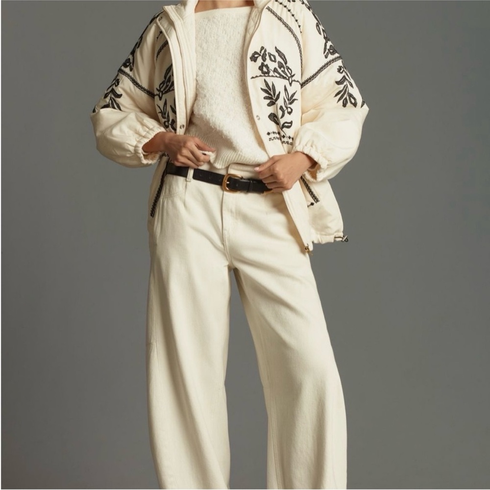 Anthropologie Embroidered Puffer Coat ivory and black jacket oversized XL - Picture 3 of 12